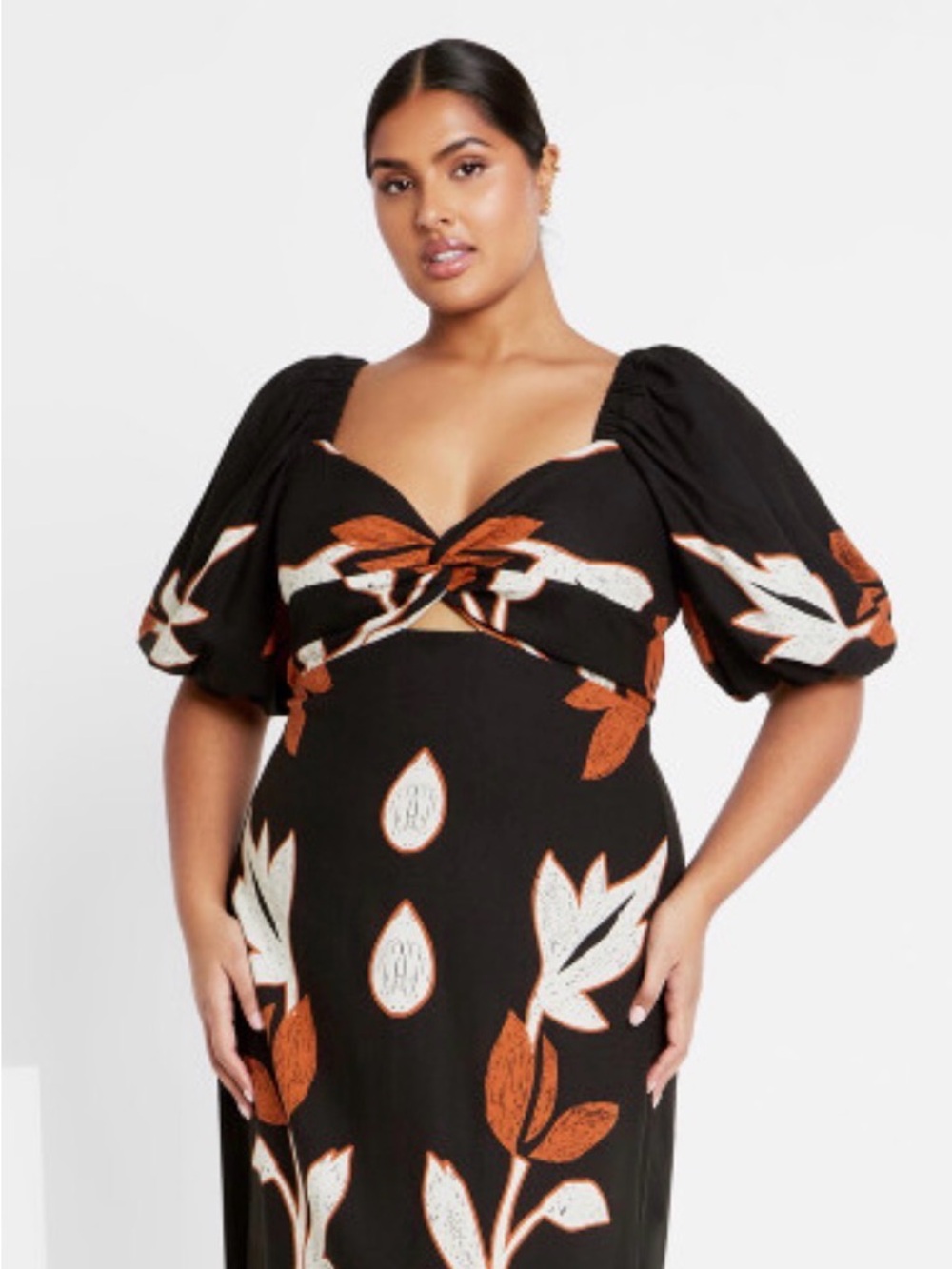 City Chic Black Maxi Dress with Rust and Cream Floral Print